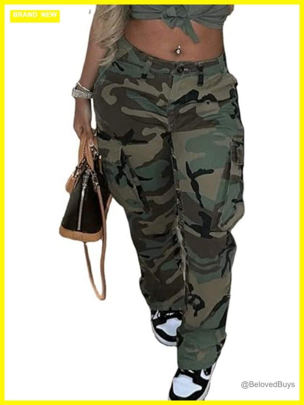 Women Camouflage Cargo Pants Zipper High Waist Patchwork Straight Casual